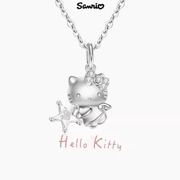 Hello Kitty Jewelry - COPY - 925 Sterling Silver Hello Kitty Angel Holding Diamond Star Pendant Neck…